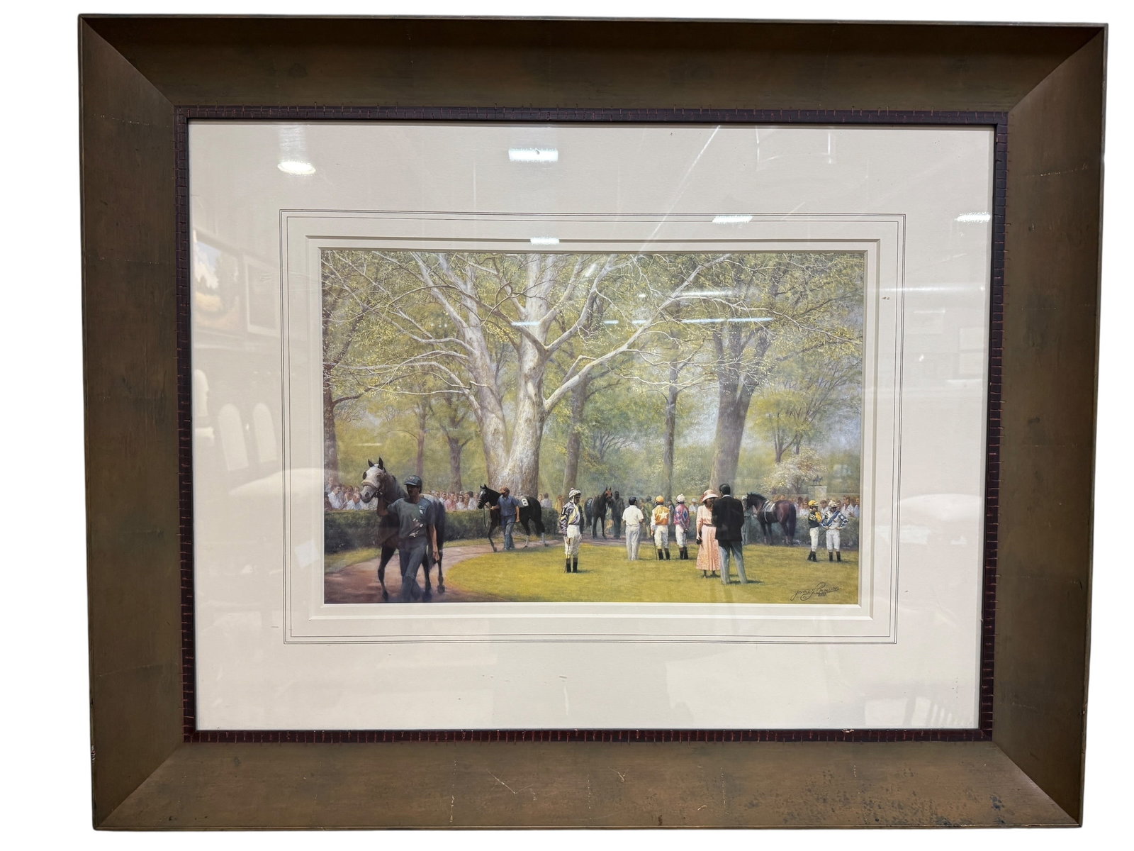 Framed "The Paddock" Print by James L. Crow: Framed "The Paddock" Print by James L. Crow. Print measures 25" x 16.25". Frame measures 44" x 35.25". Frame has scuffs and scratches.