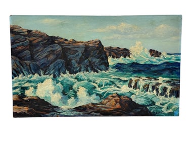 Signed Bruce Etchison 1944 Oil on Board "Rockey Seascape" Painting