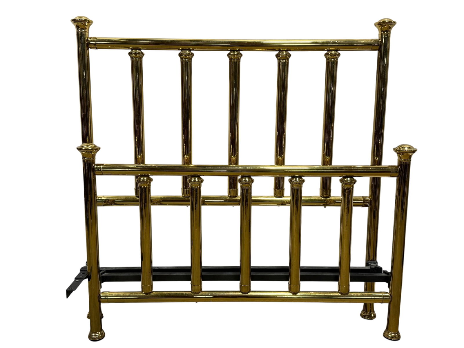 Vintage Brass Tubular Bed Frame w/ Rails: Vintage Brass Tubular Bed Frame w/ Rails. Headboard measures 55" x 55.5". Footboard measures 34.5" H x 55.5" W. Part of 1 rail is welded on to headboard (see photos). Has some dents.