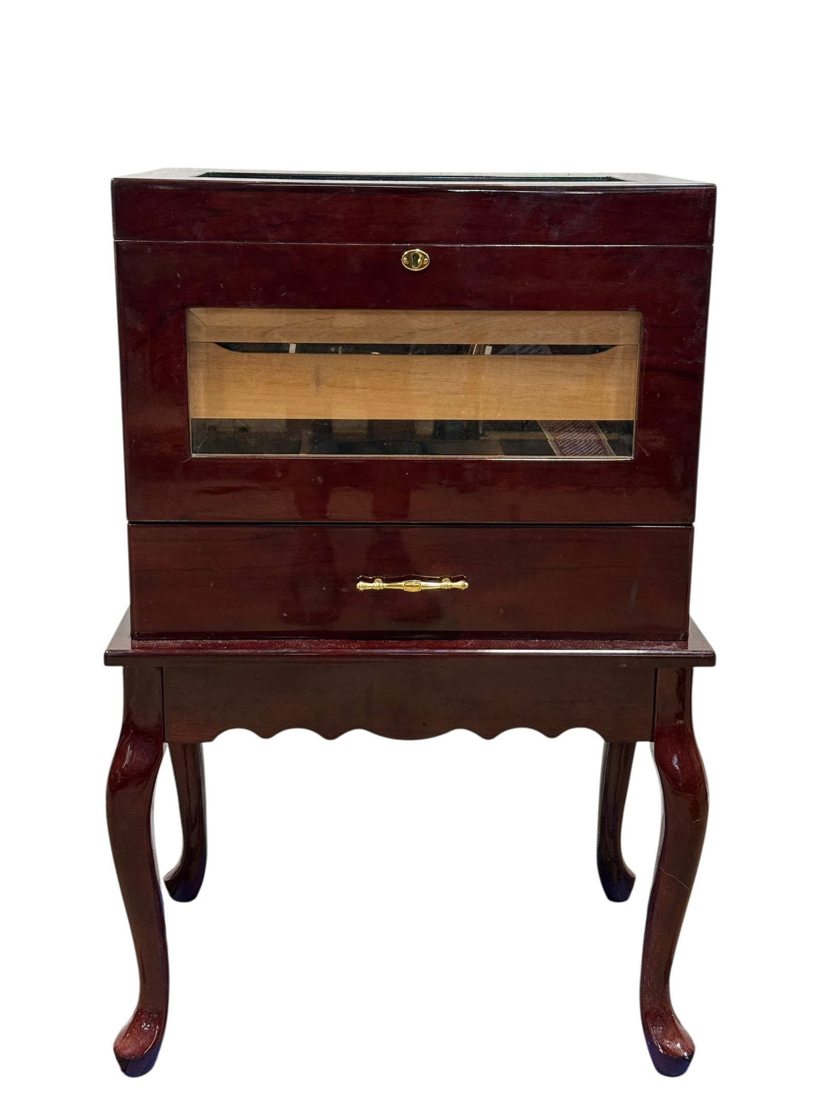 Quality Importers Supreme Humidor on Legs: Quality Importers Supreme Humidor on Legs. Does come with cigars. Measures 32.75" H x 22" W x 15" D. Has some surface scratches.