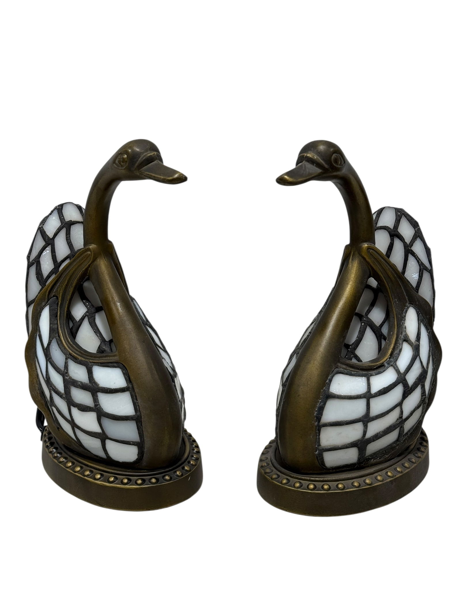 Pair of Stained Glass Swan Lamps: Pair of Stained Glass Swan Lamps. Measures 8.5" Tall. Is working, in good condition.