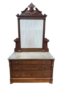 Victorian Renaissance Revival Marble Top Dresser w/ Mirror