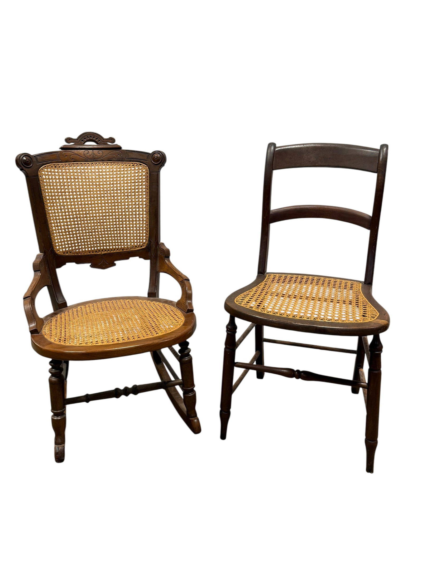 Antique Caned Chair & Crocker: Antique Caned Chair & Crocker. Antique Caned Eastlake Rocker measures 32.5" H x 19.5" W x 29" D and seat height measures 16" H. Antique Caned Chair measures 32.75" H and seat height measures 17.5" H.