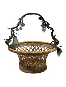 Large Wicker Basket w/ Iron Handle & Blown Glass Fruit