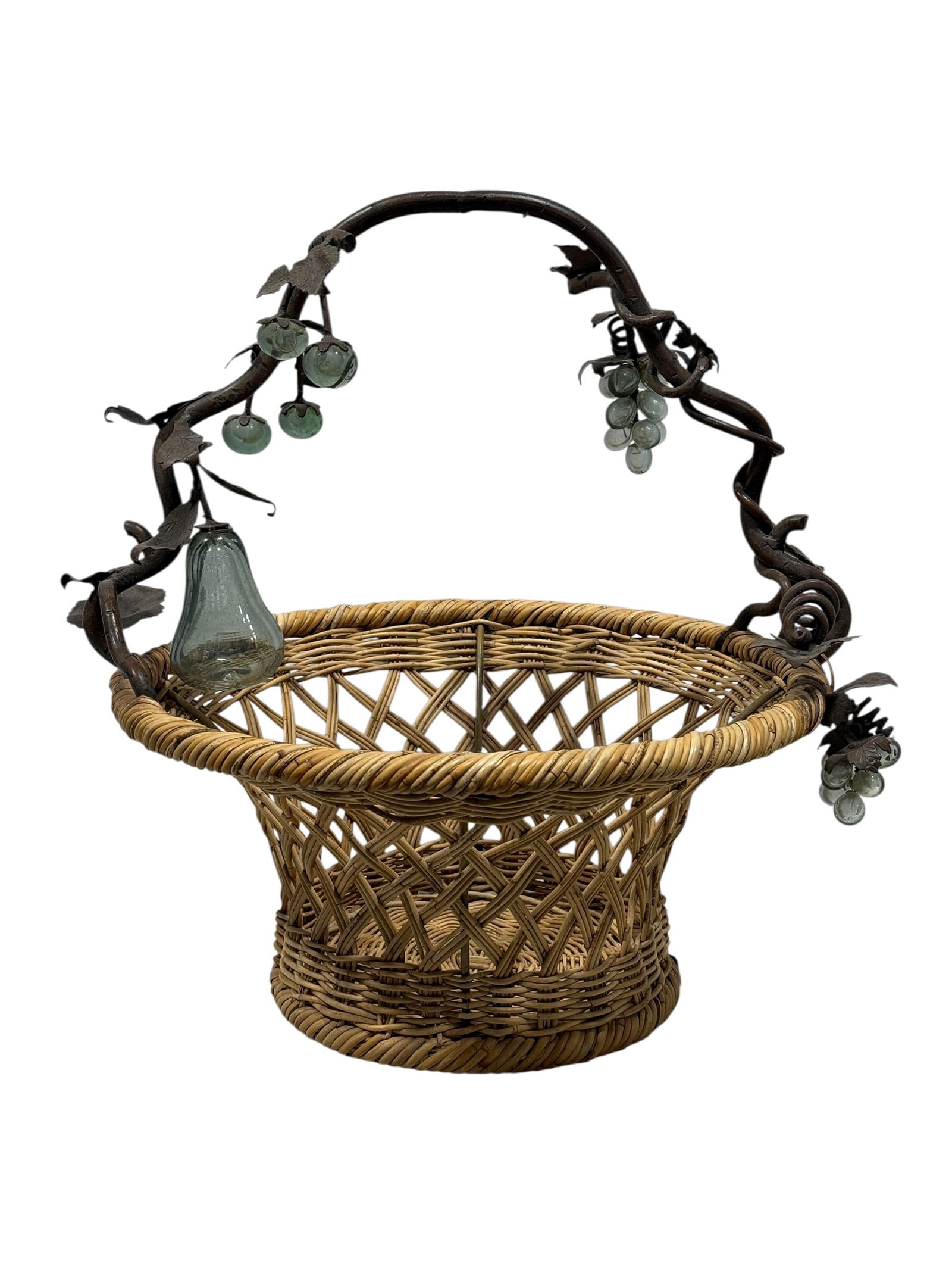 Large Wicker Basket w/ Iron Handle & Blown Glass Fruit (1 of 7)