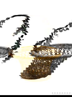 Large Wicker Basket w/ Iron Handle & Blown Glass Fruit: Large Wicker Basket w/ Iron Handle & Blown Glass Fruit. Measures 24" H x 24.5" W x 21" D. In good condition.
