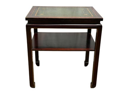 Modern Asian Ming Style Mahogany Leather Top Side Table: Modern Asian Ming Style Mahogany Leather Top Side Table. Measures 27" H x 24" W x 18" D. Has scuffs and scratches.