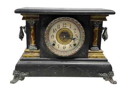 Antique Ebonized Ingraham Wood Case Mantel Clock: Antique Ebonized Ingraham Wood Case Mantel Clock. Measures 10.75" H x 14.5" W x 6.75" D. Has some scuffs and scratches. Not working, needs pendulum and may need service.