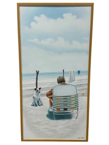Signed Christian Julliay Oil on Canvas "Beach Scene w/ Dog" Painting