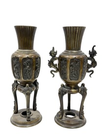 Pair of Late 19th C Bronze Japanese Meiji Vases