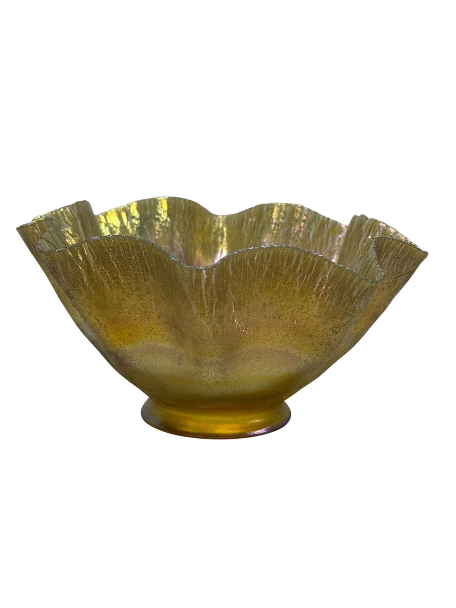 Signed L.C. Tiffany Favrile Glass Shade: Signed L.C. Tiffany Favrile Glass Shade. Signed L.C.T. on the fitter rim. Measures 3.5" H x 7" W x 7" D. Fitter rim measures 2.75" Diameter. Has a repaired spot on edge (see photos).