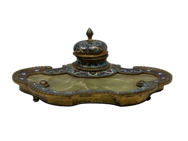 19th C. French Bronze Champleve & Onyx Inkwell