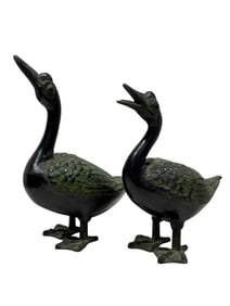 Pair of Japanese Cast Iron Duck Garden Sculptures