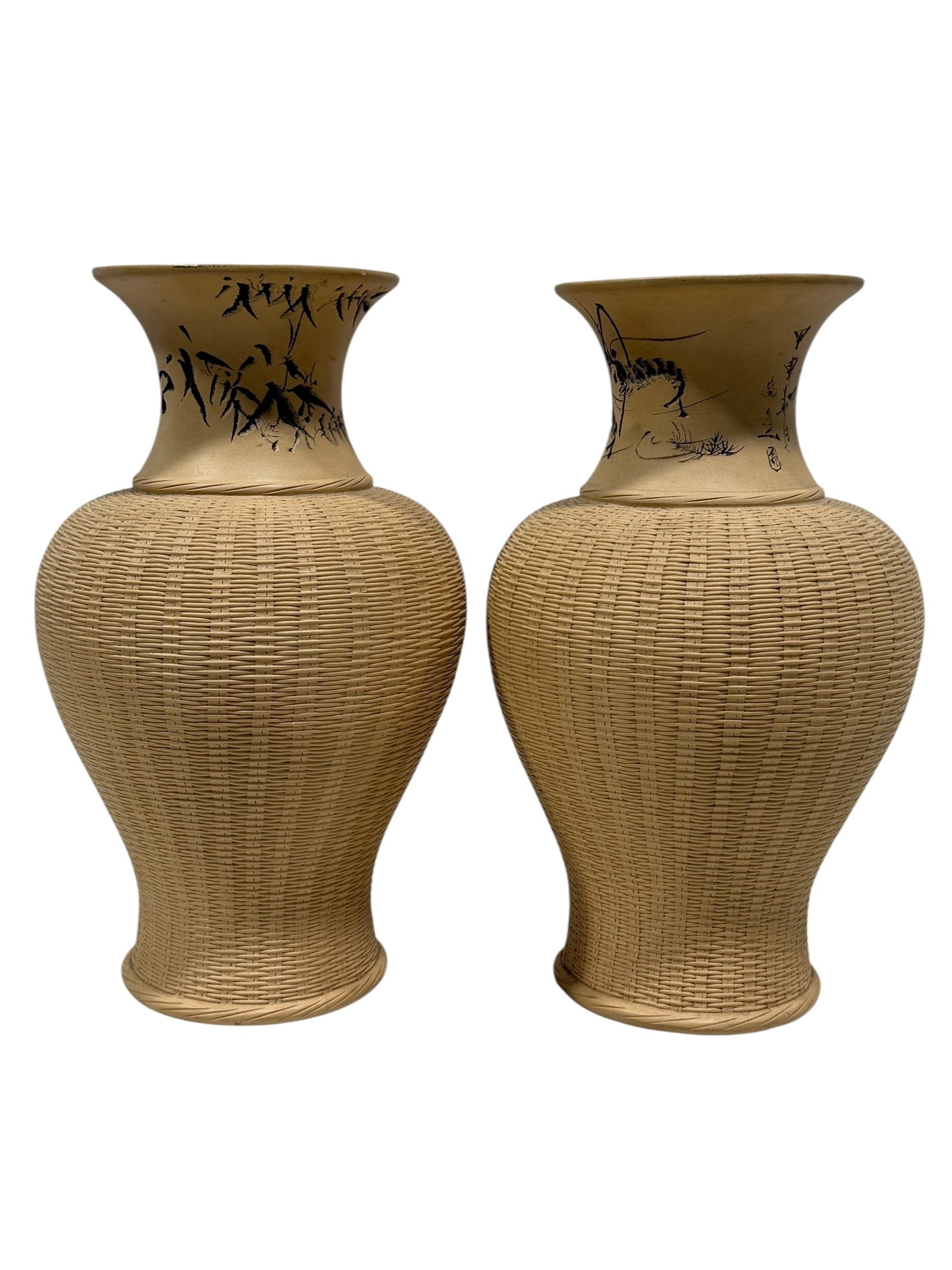 Pair of RARE Antique Chinese Basket Weave Pottery Yixing Vases (1 of 10)