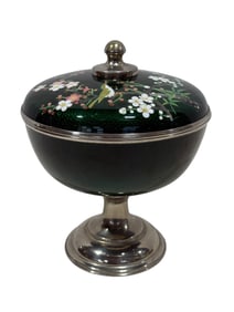 Vintage Japanese Green Ginbari Cloisonne Lidded Compote
