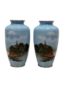 Pair of Japanese "Pagoda on Hilltop Above River" Cloisonne Vase