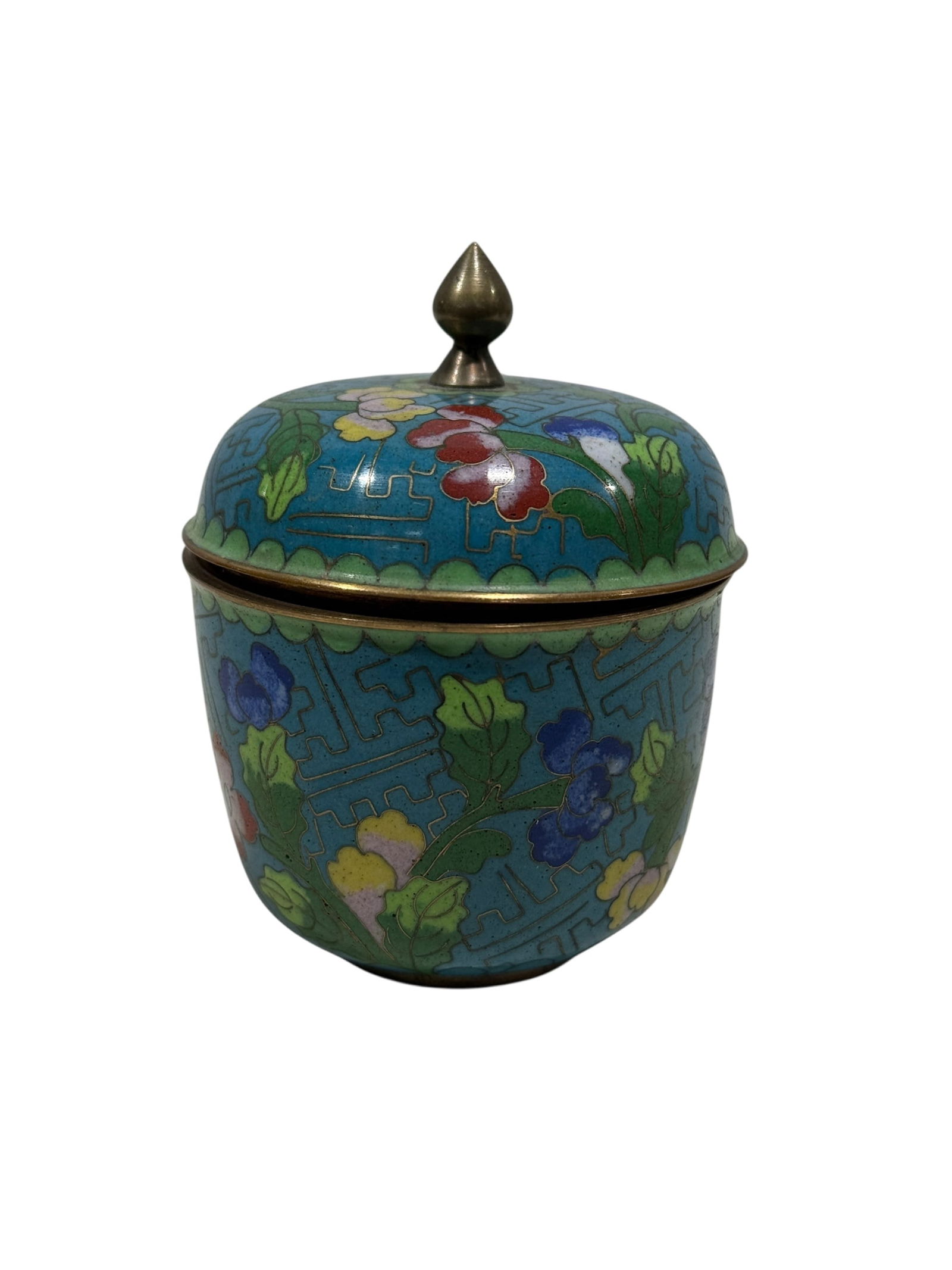 Vintage Chinese Cloisonne Covered Jar: Vintage Chinese Cloisonne Covered Jar. Depicting floral design on blue background. Measures 3.25" H x 2.5" W x 2.5" D. Showing some wear.