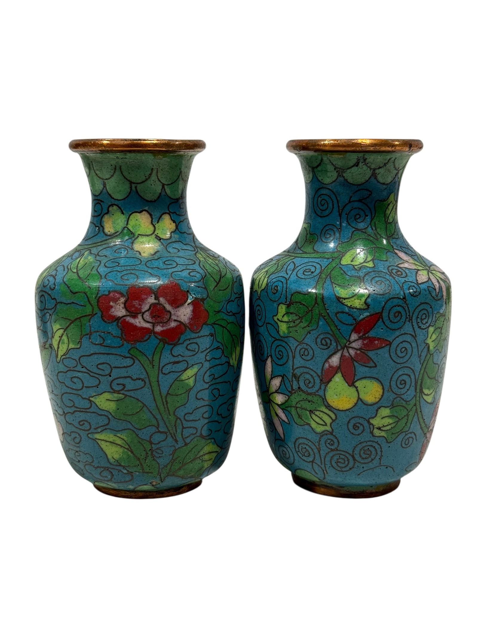 Pair of Chinese Cloisonne Vases: Pair of Chinese Cloisonne Vases. Measures 3.5" Tall. Refer to pictures for damage.