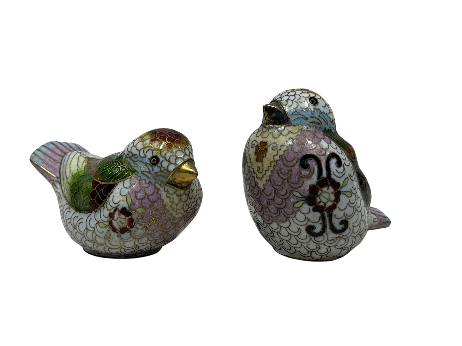 Pair of Chinese Cloisonne Birds: Pair of Chinese Cloisonne Birds. Measures 2" Tall & 2.5" Tall. In good condition.