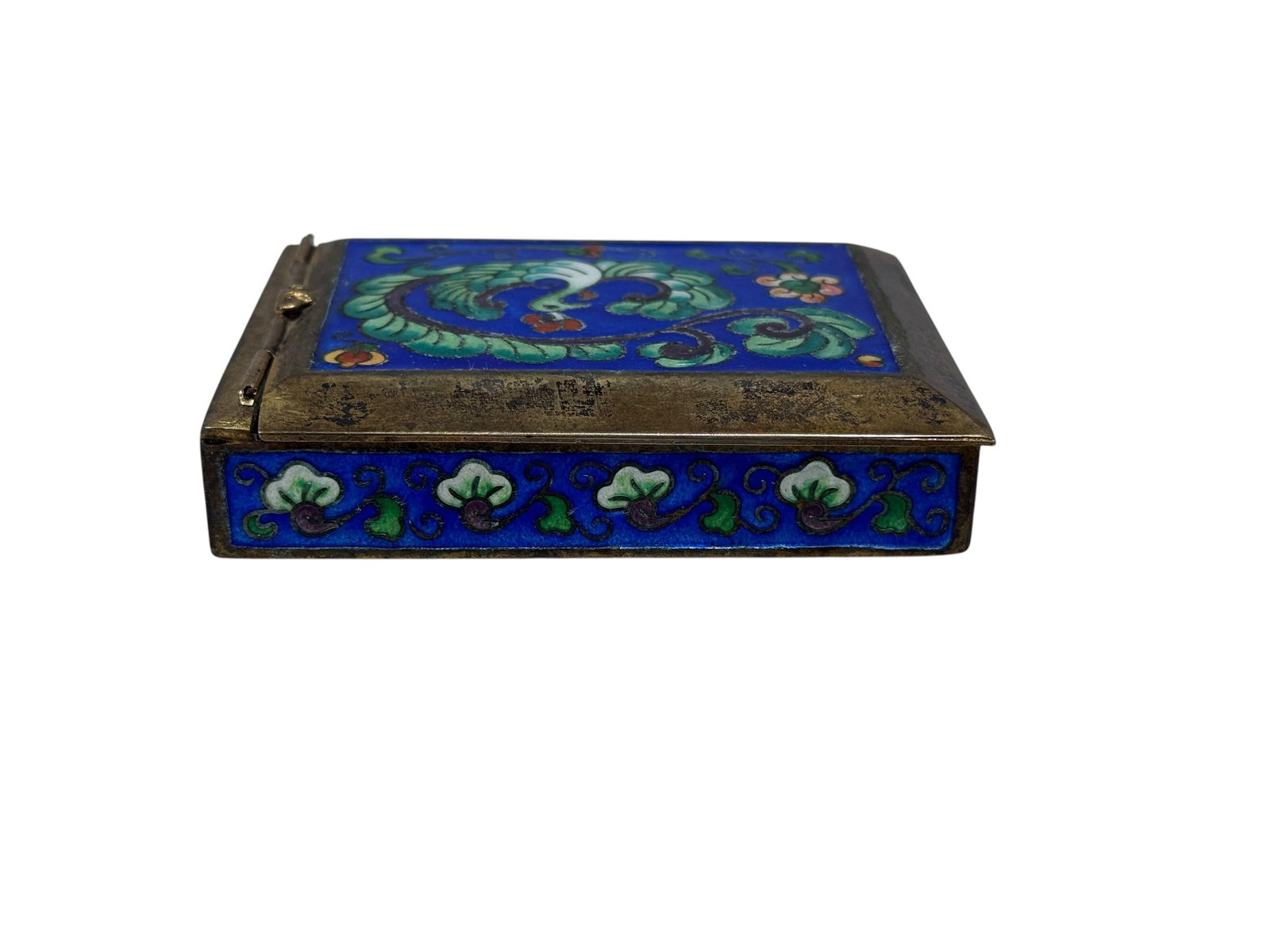 Old Small Enamel Cloisonne Peacock Box w/ Mirror: Old Small Enamel Cloisonne Peacock Box w/ Mirror. Measures 3.75" W x 2.75" D. Has some scuffs.