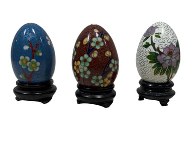 Group of 3 Chinese Cloisonne Eggs on Wood Bases