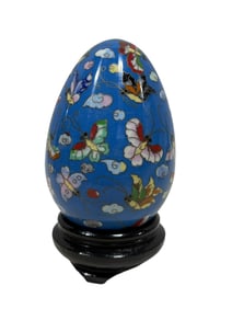 Large Vintage Chinese Cloisonne Enamel Egg on Wood Base