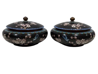 Pair of 19th C. Chinese Cloisonne Lidded Bowls