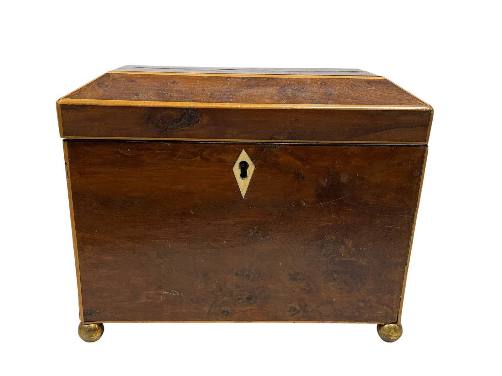 Early 19th C. Georgian III Mahogany Tea Caddy: Early 19th C. Georgian III Mahogany Tea Caddy. Inlay around the edges with glass insert on the inside. Measures 6.5" H x 8.5" W x 5.75" D. Has some scratches and some chips to veneer.