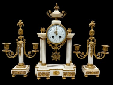 19th C. French Louis XVI Style Ormolu Mounted & Marble Boudoir Clock Set