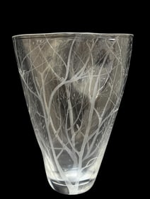 Signed Kosta Boda "Birds in Trees" Crystal Etched Vase