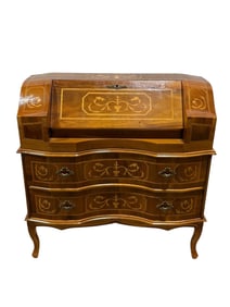 Vintage French Walnut Marquetry Inlaid Secretary Desk