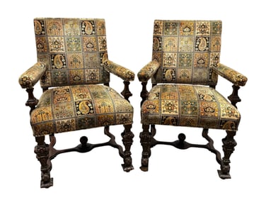 Pair of Upholstered Carved Wood Arm Chairs