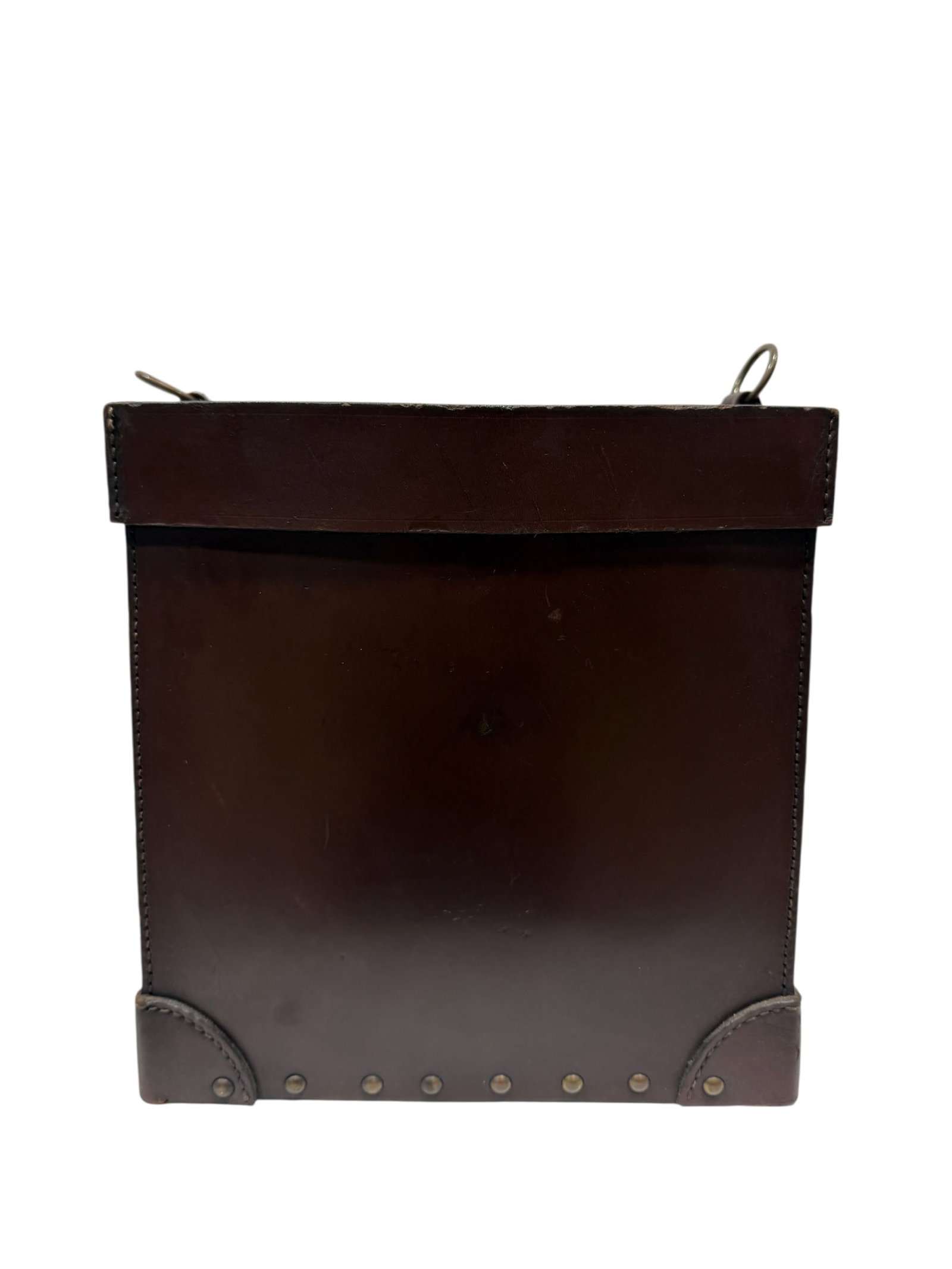 Leather & Wood Bucket: Leather & Wood Bucket. Leather body with a wooden bottom. Measures 12.75" H x 11.75" W x 14.75" D. Missing strap and has some scratches.