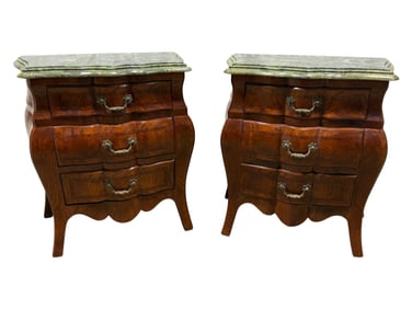 Pair of French Louis XV Style Marble Top Bombe Bedside Chest