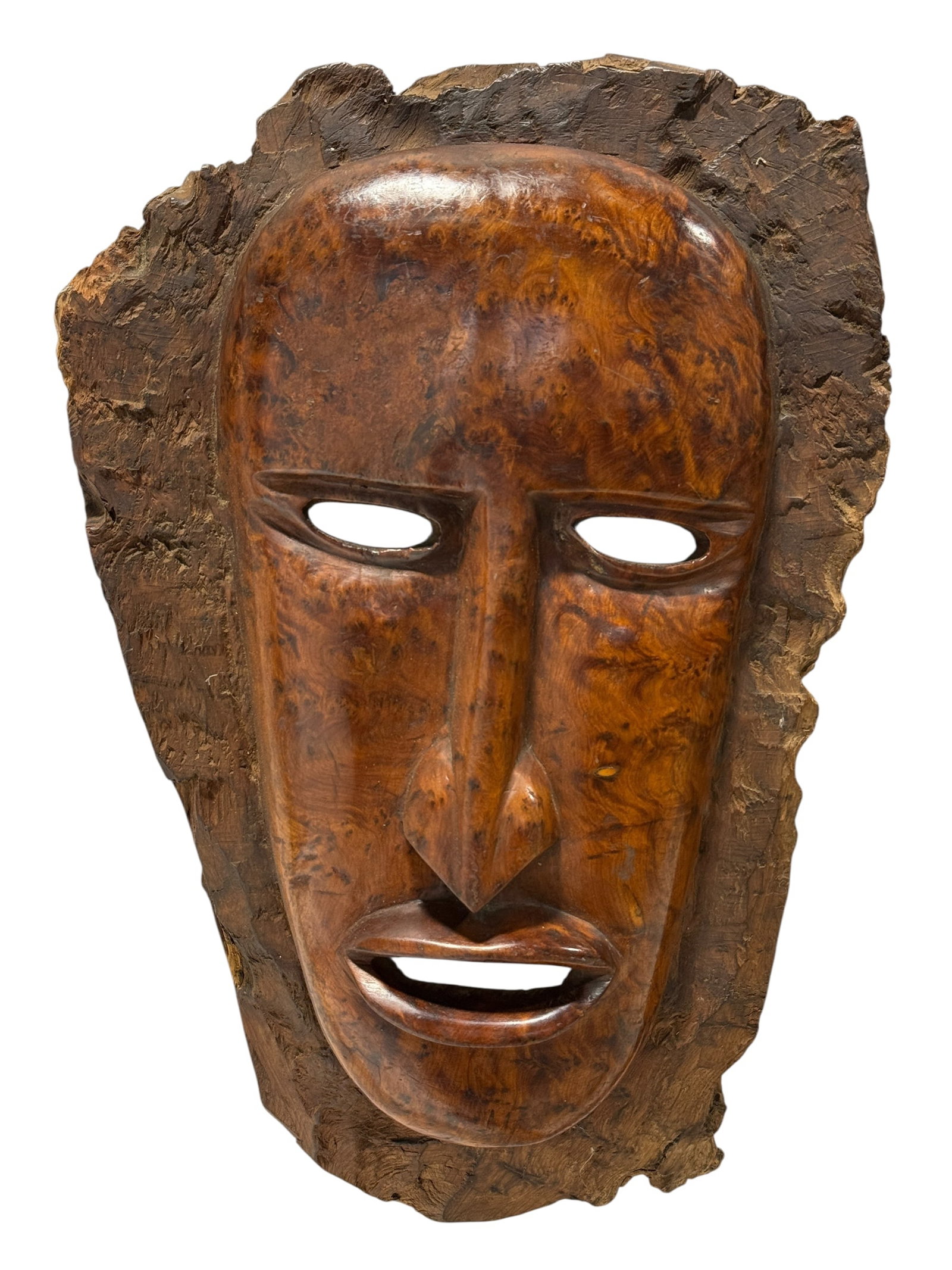 Hand Carved Solid Burl Wood African Mask: Hand Carved Solid Burl Wood African Mask. Measures 21" x 14". In good condition.