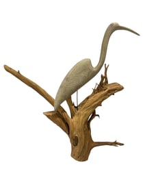 Mid Century Hand Carved Wood Heron Sculpture on Driftwood