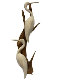 Mid Century Hand Carved Wood Pair of Heron Sculpture on Driftwood