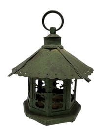 Antique Arts & Crafts Painted Green Metal Lantern