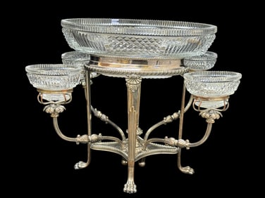 Georgian Style Silverplate Epergne w/ Cut Glass Bowls