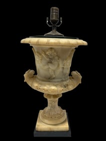 Late 19th C. Italian Alabaster Cherub Urn Lamp