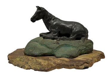 Signed Antique Bronze "Horse Laying Down" Sculpture on Rock