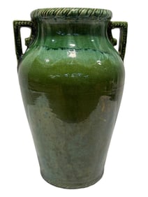 Large Double Handle Green Glaze Art Pottery Vase