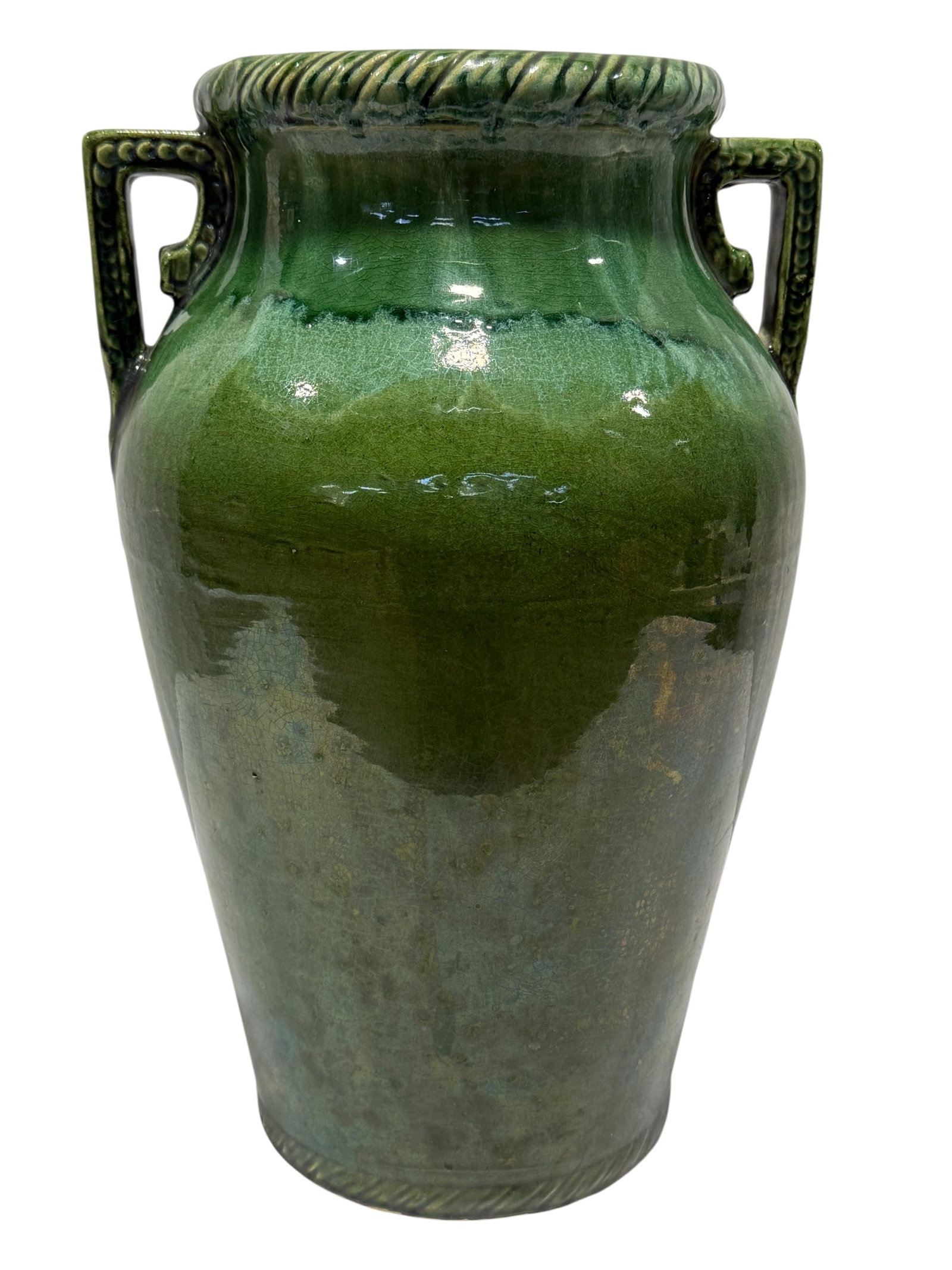 Large Double Handle Green Glaze Art Pottery Vase (1 of 7)