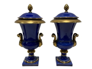 Pair of FZR Florence Italy Cobalt Porcelain Lidded Urns