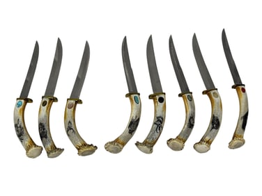 Set of 8 Etched Stag Handle Knives w/ Stones
