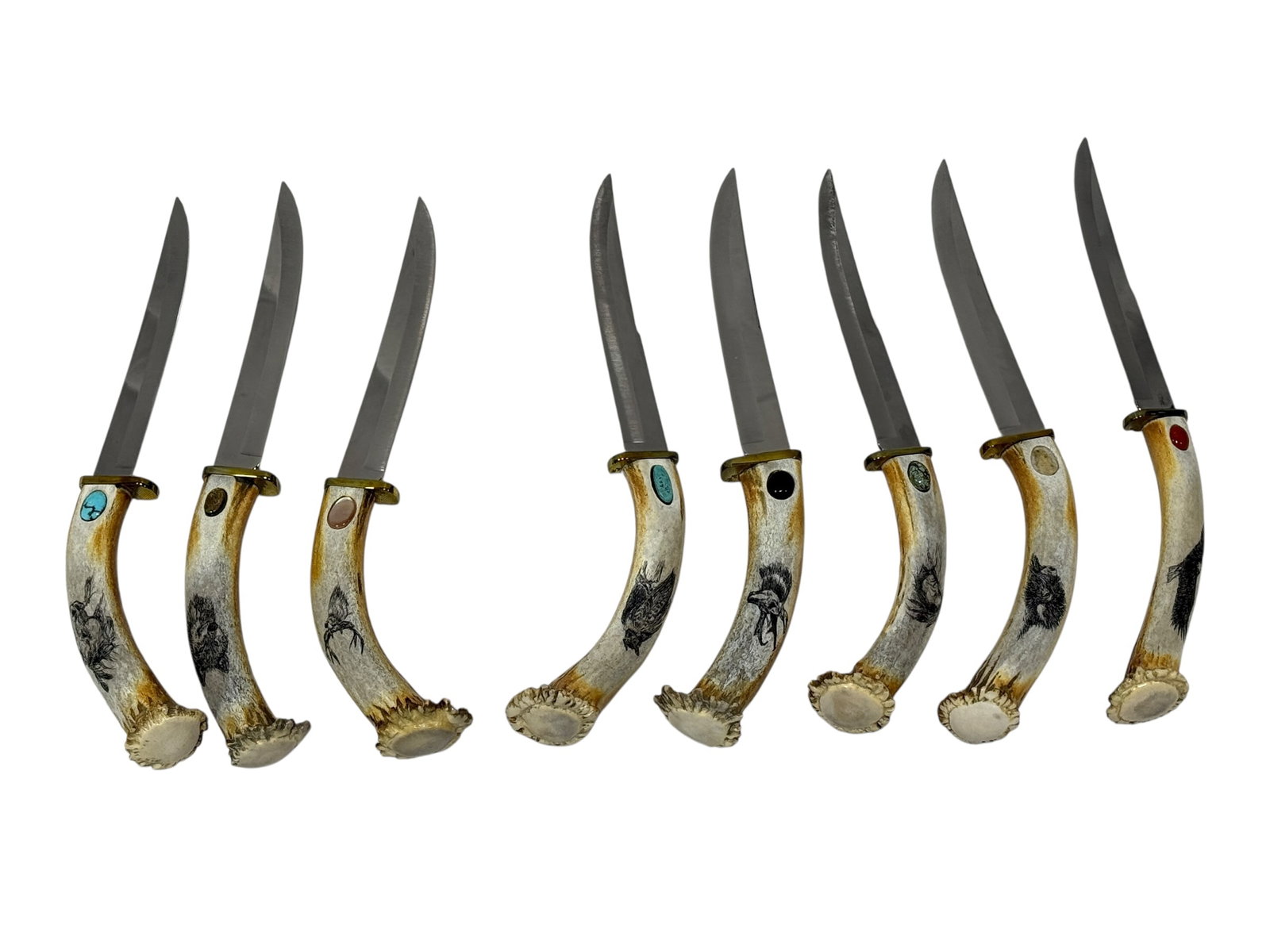 Set of 8 Etched Stag Handle Knives w/ Stones (1 of 4)