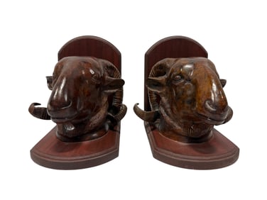 Bronze Ram Head Bookends on Wood Base
