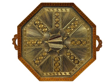1900s Octagonal Straw Marquetry Inlaid Serving Tray