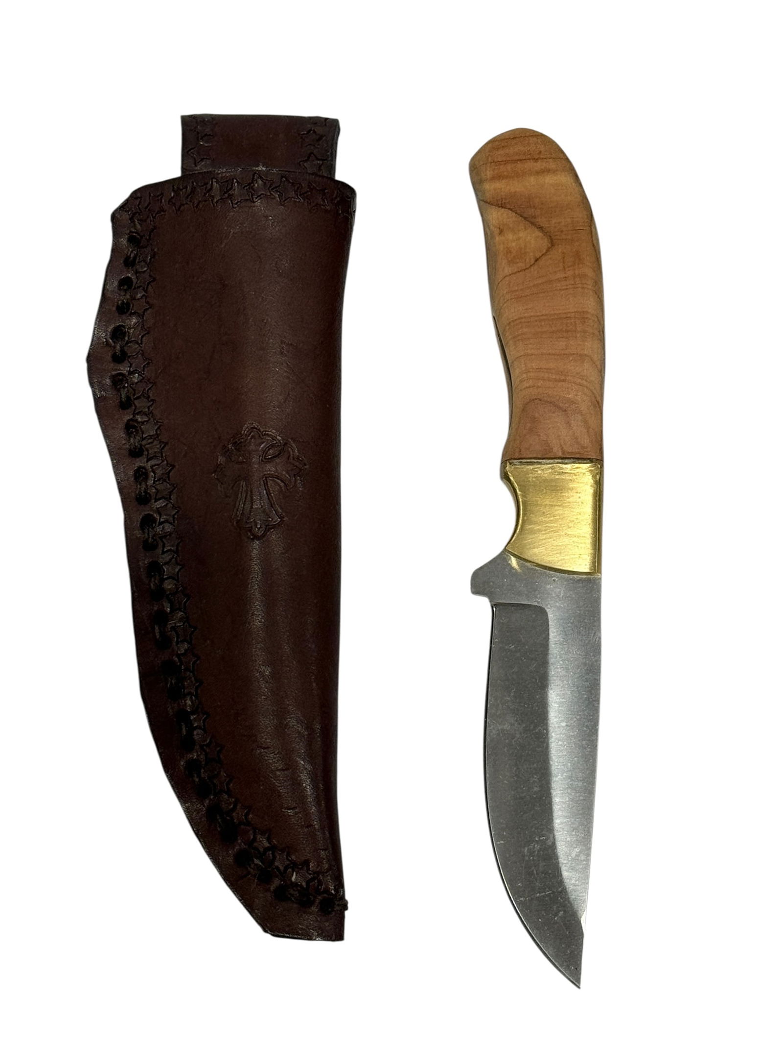 Wood Handle Knife w/ Embossed Leather Sheath: Wood Handle Knife w/ Embossed Leather Sheath. Overall measures 8.25" Long. Blade measures 3.75" Long.