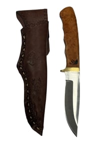 Wood Handle Knife w/ Embossed Leather Sheath